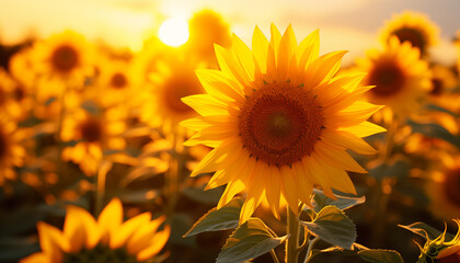 Obraz premium sunflower in sunlight against the background of a sunflower field. summer day background with ripe sunflower. 