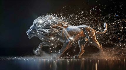 Statue of running lion made of unreal material