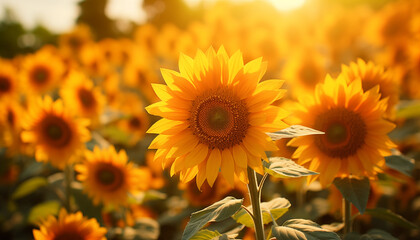 Fototapeta premium sunflower in sunlight against the background of a sunflower field. summer day background with ripe sunflower. 