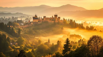 Fototapete Old beautiful castle on hilltop, foggy sunrise © Kondor83