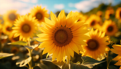 Fototapeta premium sunflower in sunlight against the background of a sunflower field. summer day background with ripe sunflower. 