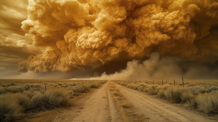 Huge dust storm over farmland, dim yellow light - obrazy, fototapety, plakaty