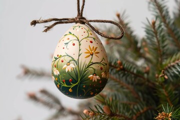 A festive colorado spruce branch adorned with a beautiful holiday ornament, resembling a decorated egg, evokes feelings of winter wonder and christmas cheer