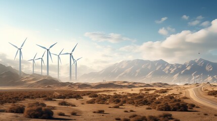 Windmills winturbine generating wind energy installed in a desert and mountain range. Green energy concept. 