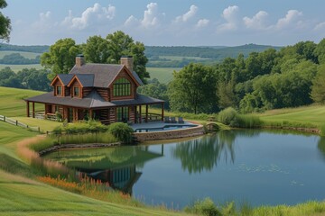 Fototapeta na wymiar modern log home in the rolling hills of West Virginia with an overlooking a large pond and golf course