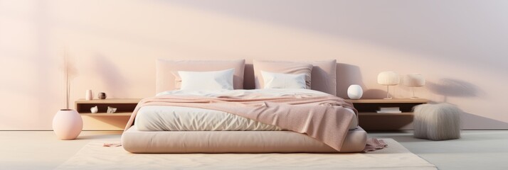 Double bed isolated against a white wall, pastel pink pillows and bedding, banner