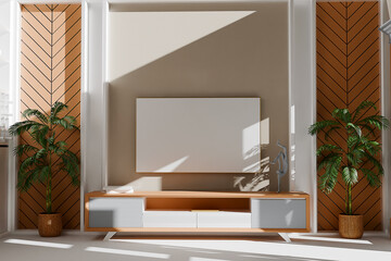 Blank modern flat screen TV hanging on wall in living room, 3d render