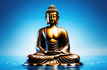 Songkran, Thai New Year, bronze Buddha statue in water, sacred deity, drops and splashes, blue background