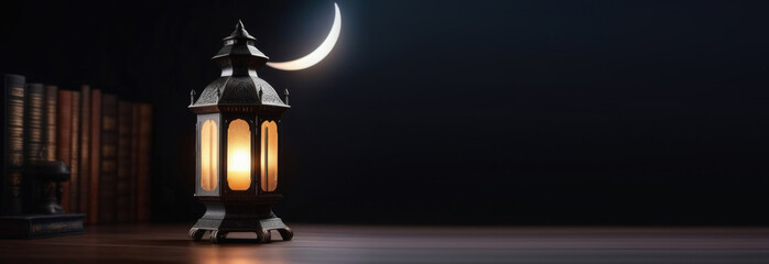 Laylat al-Qadr, Eid al-Fitr, holy month of Ramadan,lunar month, Arab lantern fanus, glow and stars,old books, magical atmosphere, dark background, horizontal banner, place for text