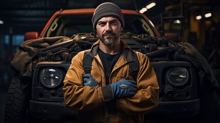 portrait of a car mechanic standing confidently in workshop, wearing gloves, 