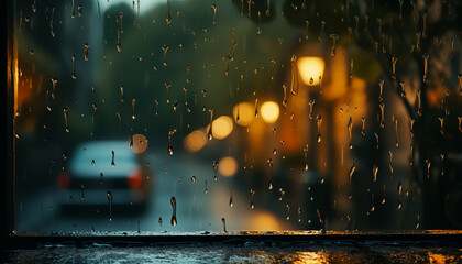 window covered with raindrops against a background of a blurred street.