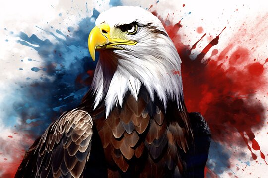 a bald eagle with a red and blue background