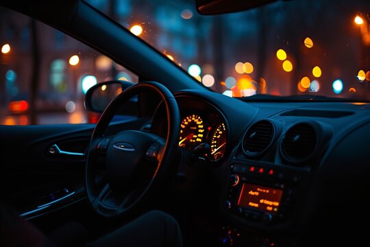 close up night dashboard on parked car with cozy interior