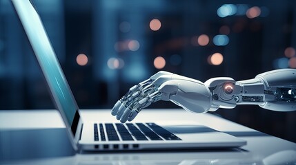 A robotic hand using a laptop modern technology concept. 