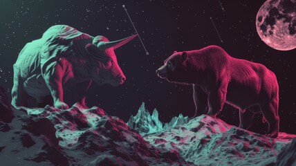 Epic cosmic scene of bull and bear engaged in starlit standoff - ideal for finance and astrology themes - obrazy, fototapety, plakaty