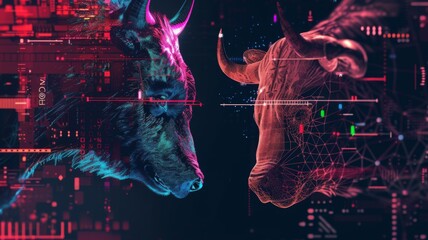 Digitized bull and bear symbolize trading trends in the tech-driven financial landscape
