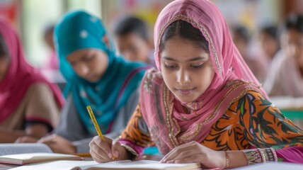 A young muslim girl focuses intently on her studies among peers