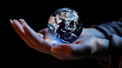 Global Connectivity Concept - A hand cradles a glowing globe symbolizing global connectivity - obrazy, fototapety, plakaty