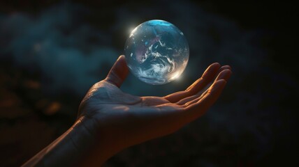 Glowing Earth Sustainability - Gentle hands holding a glowing earth globe in dark backdrop