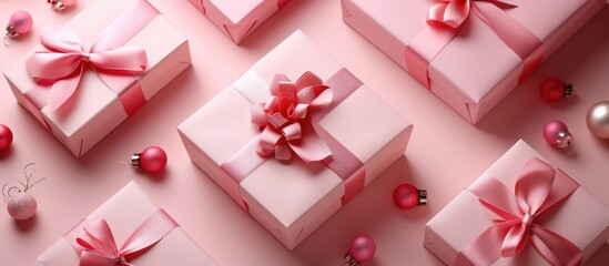 Obraz na płótnie Canvas Luxury holiday presents in pink gift boxes for various occasions, delivered for shopping, beauty, and surprises.