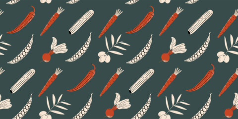 Seamless pattern with hand draw organic vegetables. Organic food horizontal banner, background. Vector illustration with texture.