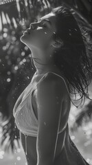 Black and white photo of beautiful girl in swimsuit, girl on the beach seaside