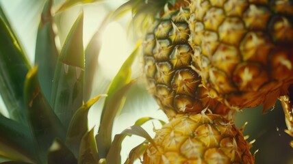 Sunlit Pineapple Growing on Plant - Close-up of a ripe pineapple basking in the sunlight, attached to its plant with droplets on leaves.
