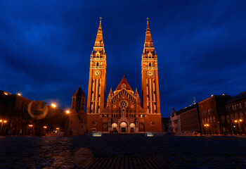 Fototapeta na wymiar Cathedral of Szeged is famous landmark in Hungary outdoor at blue hour.