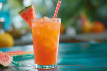 Isolated tropical cocktail beverage with a straw and fruit on top