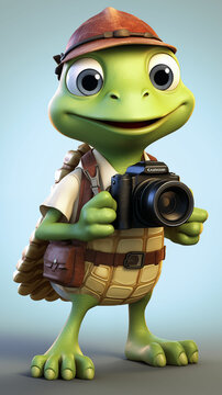 Cartoon Turtle Holding a Camera and Wearing a Hat. Generative AI.