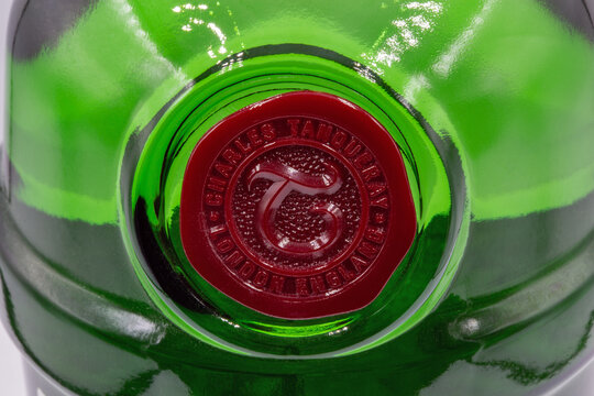 Tanqueray London dry gin bottle closeup.