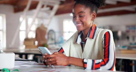 Fashion designer, phone or happy woman on internet, reading email or laugh for news in creative startup. Mobile, tailor or African person on app for feedback, sales or business review on social media