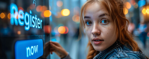 Young girl interacting with a digital interface pressing a register now button, symbolizing online registration and modern technology engagement