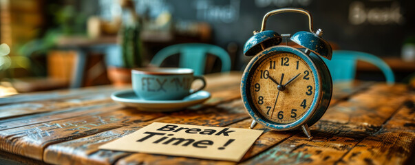 Alarm clock and sticky note with Break Time! text signifying the importance of taking a pause for rest and relaxation in daily routines - obrazy, fototapety, plakaty