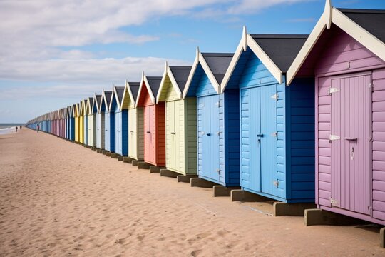 a row of colorful huts on a beach