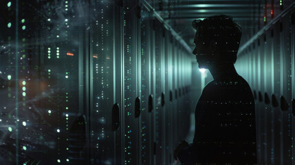 An IT professional is working within the vibrant and colorful illuminated aisles of a data center, surrounded by server racks and computer equipment.