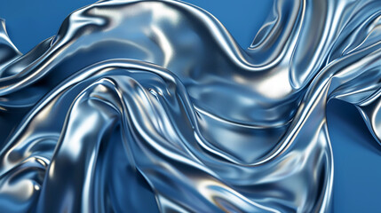 A shimmering silver metallic texture flowing like a river over a vibrant blue wall, giving an illusion of fluid metal.