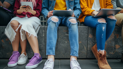 A group of young individuals is seated side by side using various digital devices; laptops and smartphones, dressed in casual fashion with a focus on ripped jeans and diverse footwear.