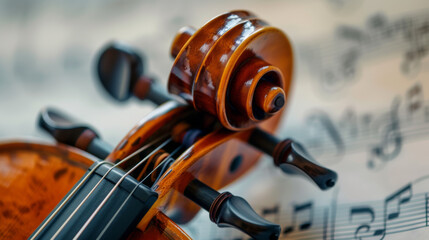 A close-up of a violin scroll and tuning pegs with intricate wood patterns and varnish, placed atop sheet music.