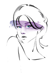 Art portrait of a woman  line work with watercolor design png for t shirt card poster purple black and white 