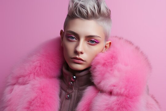 Fashion-forward Pink non binary model. Happy person wearing rose clothes with pink hairstyle. Generate ai