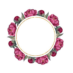 Gold frame with peony isolated on white background. Hand drawn watercolor botanical illustration. Art for design