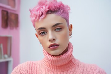 Inspirational Pink non binary model. Happy person wearing rose clothes with pink hairstyle. Generate ai