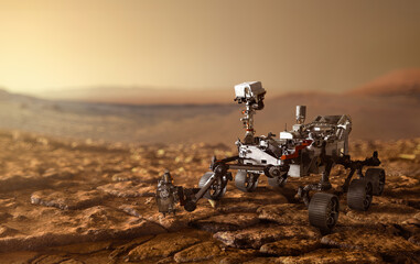 Mars 2020 Perseverance Rover is exploring surface of Mars. Perseverance rover Mission Mars exploration of red planet. Space exploration, science concept. .Elements of this image furnished by NASA.