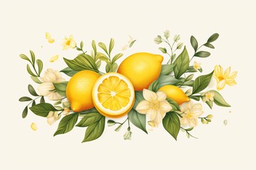 a group of lemons and flowers