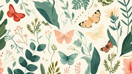 Botanical abstract floral background with butterflies and different plants in soft pastel colors with copy space Gift paper design