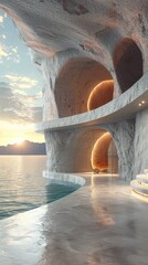 Minimalist White Concrete Interior with a Sea View Generative AI