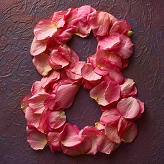 A number 8 made of pink and red flower petals on a textured background, suitable for Women's Day celebration.