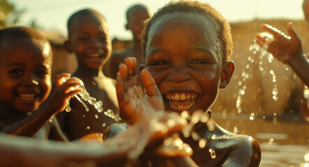 African children enjoy clean water - obrazy, fototapety, plakaty