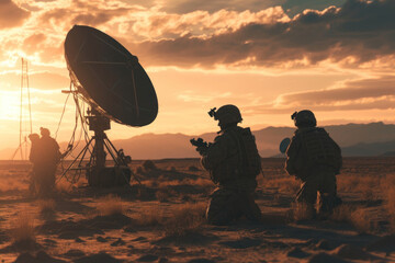 Military Communication Team Setting Up a Satellite Dish in Desert Operations at Sunset - obrazy, fototapety, plakaty